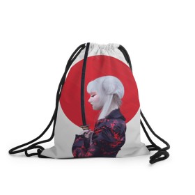Рюкзак-мешок 3D с принтом Самурай в Новосибирске, 100% полиэстер | плотность ткани — 200 г/м2, размер — 35 х 45 см; лямки — толстые шнурки, застежка на шнуровке, без карманов и подкладки | воин | рисунок | сакура | самурай. девушка