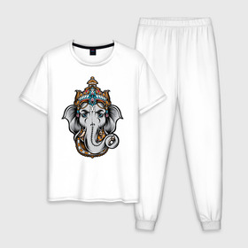 Мужская пижама хлопок с принтом Ганеш в Новосибирске, 100% хлопок | брюки и футболка прямого кроя, без карманов, на брюках мягкая резинка на поясе и по низу штанин
 | Тематика изображения на принте: ganesh | ganesha | tai | thai | благополучие | бог | ганеш | ганеша | индия | мудрость | пхра пиканет | слон | слоноголовый | тай | тайланд | удача | успех | шива