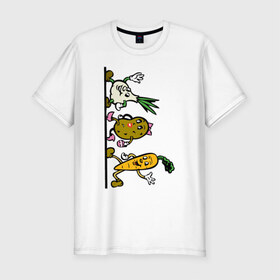 Мужская футболка хлопок Slim с принтом овощи в Новосибирске, 92% хлопок, 8% лайкра | приталенный силуэт, круглый вырез ворота, длина до линии бедра, короткий рукав | еда | картошка | корнеплоды | морковь | мультфильм | овощи | прикольные картинки | чеснок