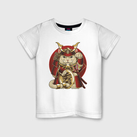 Детская футболка хлопок с принтом Кот Самурай в Новосибирске, 100% хлопок | круглый вырез горловины, полуприлегающий силуэт, длина до линии бедер | cat | japan | ronin | samurai | воин | кот | котик | котэ | няшка | ронин | рыцарь | самурай | шлем | япония