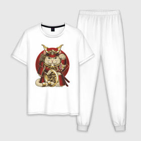 Мужская пижама хлопок с принтом Кот Самурай в Новосибирске, 100% хлопок | брюки и футболка прямого кроя, без карманов, на брюках мягкая резинка на поясе и по низу штанин
 | cat | japan | ronin | samurai | воин | кот | котик | котэ | няшка | ронин | рыцарь | самурай | шлем | япония