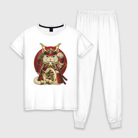 Женская пижама хлопок с принтом Кот Самурай в Новосибирске, 100% хлопок | брюки и футболка прямого кроя, без карманов, на брюках мягкая резинка на поясе и по низу штанин | cat | japan | ronin | samurai | воин | кот | котик | котэ | няшка | ронин | рыцарь | самурай | шлем | япония