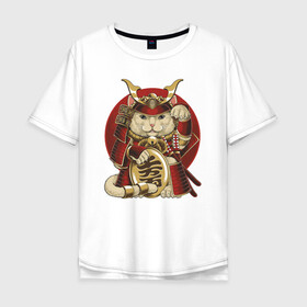 Мужская футболка хлопок Oversize с принтом Кот Самурай в Новосибирске, 100% хлопок | свободный крой, круглый ворот, “спинка” длиннее передней части | cat | japan | ronin | samurai | воин | кот | котик | котэ | няшка | ронин | рыцарь | самурай | шлем | япония