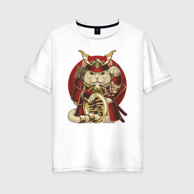 Женская футболка хлопок Oversize с принтом Кот Самурай в Новосибирске, 100% хлопок | свободный крой, круглый ворот, спущенный рукав, длина до линии бедер
 | cat | japan | ronin | samurai | воин | кот | котик | котэ | няшка | ронин | рыцарь | самурай | шлем | япония