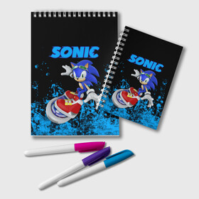 Блокнот с принтом Sonic в Новосибирске, 100% бумага | 48 листов, плотность листов — 60 г/м2, плотность картонной обложки — 250 г/м2. Листы скреплены удобной пружинной спиралью. Цвет линий — светло-серый
 | game | sonic | sonic the hedgehog | видеоигра | доктор эггман | ёж | ёж соник | игра | сега | синий антропоморфный ёж | соник | соник в кино