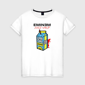 Женская футболка хлопок с принтом Eminem Juice WRLD Godzilla в Новосибирске, 100% хлопок | прямой крой, круглый вырез горловины, длина до линии бедер, слегка спущенное плечо | 100 сок | eminem | godzilla | juice | juice wrld | logo | music | rap | альбом | годзилла | джус | джюс | лейбл | лирика | лирический | лого | логотип | рэп | сок | трубочка | эминем