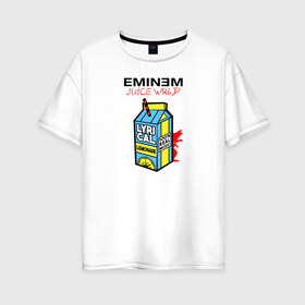 Женская футболка хлопок Oversize с принтом Eminem Juice WRLD Godzilla в Новосибирске, 100% хлопок | свободный крой, круглый ворот, спущенный рукав, длина до линии бедер
 | 100 сок | eminem | godzilla | juice | juice wrld | logo | music | rap | альбом | годзилла | джус | джюс | лейбл | лирика | лирический | лого | логотип | рэп | сок | трубочка | эминем