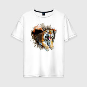 Женская футболка хлопок Oversize с принтом Тигр в Новосибирске, 100% хлопок | свободный крой, круглый ворот, спущенный рукав, длина до линии бедер
 | animal | tiger | арт | животное | полосатый | рисунок | тигр | хищная кошка | хищник