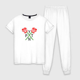 Женская пижама хлопок с принтом PAYTON MOORMEIER (НА СПИНЕ) в Новосибирске, 100% хлопок | брюки и футболка прямого кроя, без карманов, на брюках мягкая резинка на поясе и по низу штанин | flower | payton moormeier | roses | tiktok | блогер | пейтон | пейтон моормиер | розы | тикток | тиктокер | цветы | ютубер