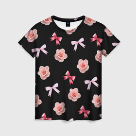 Женская футболка 3D с принтом Бантики и розочки в Новосибирске, 100% полиэфир ( синтетическое хлопкоподобное полотно) | прямой крой, круглый вырез горловины, длина до линии бедер | doodling | textures | tiles | атлас | бант | дудлинг | лента | роза | розовый | тайлы | текстуры | фон | цветок