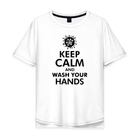 Мужская футболка хлопок Oversize с принтом Keep calm and wash your hands в Новосибирске, 100% хлопок | свободный крой, круглый ворот, “спинка” длиннее передней части | Тематика изображения на принте: 2019   ncov | coronavirus | covid | covid 19 | ncov | virus | арт | биологическая опасность | болезнь | вирус | знак | карантин | корона | коронавирус | короновирус | мем | мой руки | оставайся дома | пандемия | помой руки