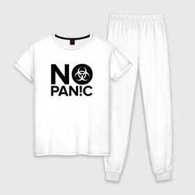 Женская пижама хлопок с принтом No panic в Новосибирске, 100% хлопок | брюки и футболка прямого кроя, без карманов, на брюках мягкая резинка на поясе и по низу штанин | biohazard | coronavirus | covid 19 | pandemia | вирус | коронавиру
