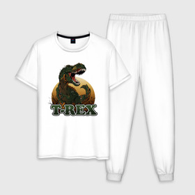 Мужская пижама хлопок с принтом T-Rex в Новосибирске, 100% хлопок | брюки и футболка прямого кроя, без карманов, на брюках мягкая резинка на поясе и по низу штанин
 | Тематика изображения на принте: dino | dinosaurs | t rex | trex | вымирание | дино | динозавр | зубы | ледниковый | ледниковый период | мамонт | опасность | оскал | пасть | т рекс | ти рекс | тирекс | хвост | холод | чешуя