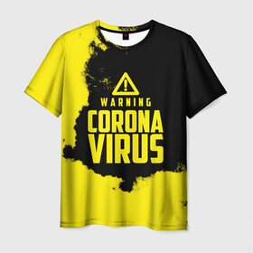 Мужская футболка 3D с принтом Warning Coronavirus в Новосибирске, 100% полиэфир | прямой крой, круглый вырез горловины, длина до линии бедер | 2019   ncov | coronavirus | covid | covid 19 | ncov | virus | арт | биологическая опасность | болезнь | вирус | знак | карантин | корона | коронавирус | короновирус | мем | мой руки | оставайся дома | пандемия | помой руки