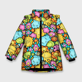 Зимняя куртка для девочек 3D с принтом Облачко Солнышко в Новосибирске, ткань верха — 100% полиэстер; подклад — 100% полиэстер, утеплитель — 100% полиэстер. | длина ниже бедра, удлиненная спинка, воротник стойка и отстегивающийся капюшон. Есть боковые карманы с листочкой на кнопках, утяжки по низу изделия и внутренний карман на молнии. 

Предусмотрены светоотражающий принт на спинке, радужный светоотражающий элемент на пуллере молнии и на резинке для утяжки. | Тематика изображения на принте: вирус | девушке | детская | детское | детям | зайцы | зайчик | зайчики | защитная | заяц | корона | маска | медицинская | милая | мультики | мультяшная | облачко | прикольная | розовая | солнышко