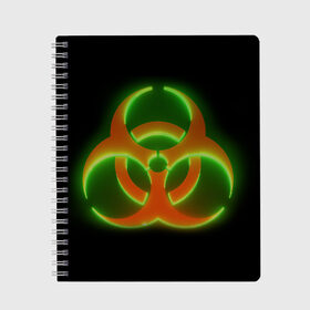 Тетрадь с принтом Biohazard Neon в Новосибирске, 100% бумага | 48 листов, плотность листов — 60 г/м2, плотность картонной обложки — 250 г/м2. Листы скреплены сбоку удобной пружинной спиралью. Уголки страниц и обложки скругленные. Цвет линий — светло-серый
 | биохазард | будь здоров | заражение | здоровье | коронавирус | короновирус | маска | медицинская маска | не болей | опасность | пандемия | профилактика | респиратор | эпидемия