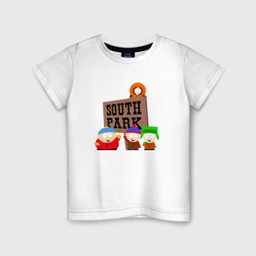 Детская футболка хлопок с принтом South Park - персонажи с логотипом в Новосибирске, 100% хлопок | круглый вырез горловины, полуприлегающий силуэт, длина до линии бедер | Тематика изображения на принте: park | south | south park | картман | кени | они убили кени | парк | сволочи | южный | южный парк