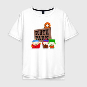 Мужская футболка хлопок Oversize с принтом South Park - персонажи с логотипом в Новосибирске, 100% хлопок | свободный крой, круглый ворот, “спинка” длиннее передней части | Тематика изображения на принте: park | south | south park | картман | кени | они убили кени | парк | сволочи | южный | южный парк