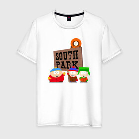 Мужская футболка хлопок с принтом South Park - персонажи с логотипом в Новосибирске, 100% хлопок | прямой крой, круглый вырез горловины, длина до линии бедер, слегка спущенное плечо. | park | south | south park | картман | кени | они убили кени | парк | сволочи | южный | южный парк