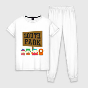 Женская пижама хлопок с принтом South Park в Новосибирске, 100% хлопок | брюки и футболка прямого кроя, без карманов, на брюках мягкая резинка на поясе и по низу штанин | Тематика изображения на принте: south park | американская культура | американский мультсериал | колорадо | пародия | саус парк | саут парк | черный юмор | четыре мальчика | шоу | южный парк