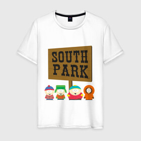 Мужская футболка хлопок с принтом South Park. в Новосибирске, 100% хлопок | прямой крой, круглый вырез горловины, длина до линии бедер, слегка спущенное плечо. | Тематика изображения на принте: south park | американская культура | американский мультсериал | колорадо | пародия | саус парк | саут парк | черный юмор | четыре мальчика | шоу | южный парк