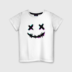 Детская футболка хлопок с принтом Glitch Smile в Новосибирске, 100% хлопок | круглый вырез горловины, полуприлегающий силуэт, длина до линии бедер | Тематика изображения на принте: glitch | smile | глитч | глич | неон | психодел | психоделика | смайл | смайлик | улыбка