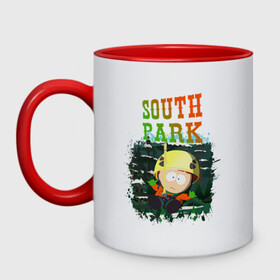 Кружка двухцветная с принтом South Park в Новосибирске, керамика | объем — 330 мл, диаметр — 80 мм. Цветная ручка и кайма сверху, в некоторых цветах — вся внутренняя часть | south park | баттерс | кайл | картман | картмен | кени | кеннет | кенни | мультик | саус парк | стэнли | эрик | южный парк