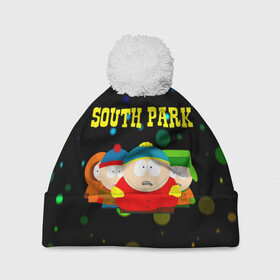 Шапка 3D c помпоном с принтом South Park. в Новосибирске, 100% полиэстер | универсальный размер, печать по всей поверхности изделия | Тематика изображения на принте: south park | американская культура | американский мультсериал | колорадо | пародия | саус парк | саут парк | черный юмор | четыре мальчика | шоу | южный парк