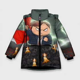 Зимняя куртка для девочек 3D с принтом Eric Cartman в Новосибирске, ткань верха — 100% полиэстер; подклад — 100% полиэстер, утеплитель — 100% полиэстер. | длина ниже бедра, удлиненная спинка, воротник стойка и отстегивающийся капюшон. Есть боковые карманы с листочкой на кнопках, утяжки по низу изделия и внутренний карман на молнии. 

Предусмотрены светоотражающий принт на спинке, радужный светоотражающий элемент на пуллере молнии и на резинке для утяжки. | eric cartman | kenny | south park | ерик картман | злой картман | картман | кени | кенни | молнии | мультфильм | саус парк | саус парк мультик | флаг | черепа | эрик картман | южный парк