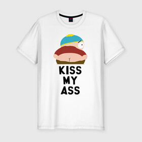 Мужская футболка хлопок Slim с принтом KISS MY ASS в Новосибирске, 92% хлопок, 8% лайкра | приталенный силуэт, круглый вырез ворота, длина до линии бедра, короткий рукав | cartman | kenny | park | south | southpark | картман | кенни | мульт | мультик | парк | персонаж | персонажи | сериал | южный