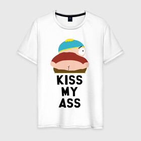 Мужская футболка хлопок с принтом KISS MY ASS в Новосибирске, 100% хлопок | прямой крой, круглый вырез горловины, длина до линии бедер, слегка спущенное плечо. | cartman | kenny | park | south | southpark | картман | кенни | мульт | мультик | парк | персонаж | персонажи | сериал | южный