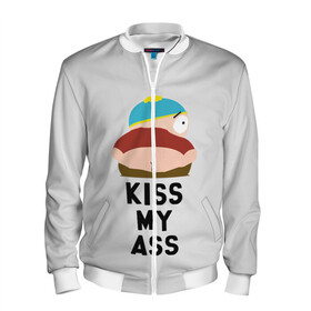 Мужской бомбер 3D с принтом Kiss My Ass в Новосибирске, 100% полиэстер | застегивается на молнию, по бокам два кармана без застежек, по низу бомбера и на воротнике - эластичная резинка | Тематика изображения на принте: cartman | kenny | park | south | southpark | картман | кенни | мульт | мультик | парк | персонаж | персонажи | сериал | южный