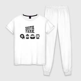 Женская пижама хлопок с принтом South park в Новосибирске, 100% хлопок | брюки и футболка прямого кроя, без карманов, на брюках мягкая резинка на поясе и по низу штанин | кайл брофловски | кенни маккормик | стэн марш | эрик картман