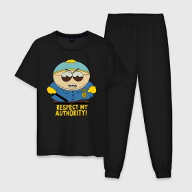 Мужская пижама хлопок с принтом South Park, Эрик Картман в Новосибирске, 100% хлопок | брюки и футболка прямого кроя, без карманов, на брюках мягкая резинка на поясе и по низу штанин
 | Тематика изображения на принте: eric cartman | respect my authority | south park | эрик картман | южный парк