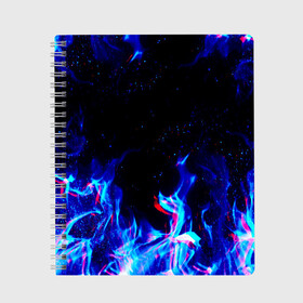 Тетрадь с принтом СИНИЙ ОГОНЬ ГЛИТЧ в Новосибирске, 100% бумага | 48 листов, плотность листов — 60 г/м2, плотность картонной обложки — 250 г/м2. Листы скреплены сбоку удобной пружинной спиралью. Уголки страниц и обложки скругленные. Цвет линий — светло-серый
 | Тематика изображения на принте: abstraction | fire | flame | geometry | hexagon | neon | paints | stripes | texture | triangle | абстракция | брызги | геометрия | краски | неон | неоновый | огонь | соты | текстура