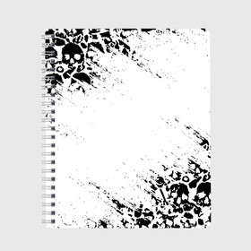 Тетрадь с принтом БЕЛЫЕ ЧЕРЕПА в Новосибирске, 100% бумага | 48 листов, плотность листов — 60 г/м2, плотность картонной обложки — 250 г/м2. Листы скреплены сбоку удобной пружинной спиралью. Уголки страниц и обложки скругленные. Цвет линий — светло-серый
 | Тематика изображения на принте: abstraction | bones | geometry | hexagon | neon | paints | skull | stripes | texture | triangle | абстракция | брызги | геометрия | краски | неон | неоновый | соты | текстура | черепа