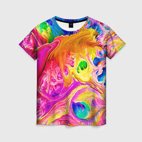 Женская футболка 3D с принтом TIE DYE в Новосибирске, 100% полиэфир ( синтетическое хлопкоподобное полотно) | прямой крой, круглый вырез горловины, длина до линии бедер | abstraction | geometry | hexagon | neon | paints | stripes | texture | tie dye | triangle | абстракция | брызги | геометрия | краски | неон | неоновый | соты | тай дай | текстура