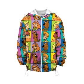 Детская куртка 3D с принтом Scooby-Doo Сharacters в Новосибирске, 100% полиэстер | застежка — молния, подол и капюшон оформлены резинкой с фиксаторами, по бокам — два кармана без застежек, один потайной карман на груди, плотность верхнего слоя — 90 г/м2; плотность флисового подклада — 260 г/м2 | Тематика изображения на принте: fred jones | scooby doo | vdosadir | velma dinkle | велма динкли | дафна блейк | скуберт фон дуенхеймер | скуби ду | уильям ханна | фред джонс
