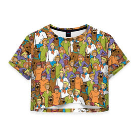 Женская футболка Crop-top 3D с принтом Scooby-Doo Team в Новосибирске, 100% полиэстер | круглая горловина, длина футболки до линии талии, рукава с отворотами | Тематика изображения на принте: fred jones | scooby doo | vdosadir | velma dinkle | велма динкли | дафна блейк | скуберт фон дуенхеймер | скуби ду | уильям ханна | фред джонс | шегги