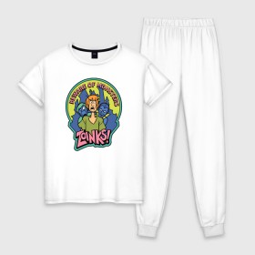 Женская пижама хлопок с принтом Zoinks ! в Новосибирске, 100% хлопок | брюки и футболка прямого кроя, без карманов, на брюках мягкая резинка на поясе и по низу штанин | scooby doo | shaggy | vdosadir | скуби ду | уильям ханна | шегги