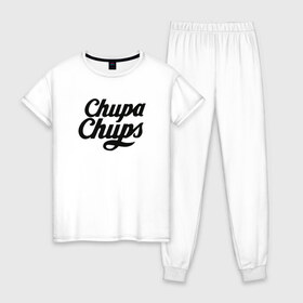 Женская пижама хлопок с принтом Chupa-Chups Logo в Новосибирске, 100% хлопок | брюки и футболка прямого кроя, без карманов, на брюках мягкая резинка на поясе и по низу штанин | chupa chups | confectus | confetto | бренд | конфета | сладкое | сладость | сосалка | соска | чупа | чупа чупс | чупс