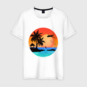 Мужская футболка хлопок с принтом Закат на море в Новосибирске, 100% хлопок | прямой крой, круглый вырез горловины, длина до линии бедер, слегка спущенное плечо. | закат | лодка | море | океан | отдых | отпуск | пальма | птицы | самолет | солнце | яркая
