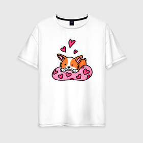 Женская футболка хлопок Oversize с принтом Любимый корги в Новосибирске, 100% хлопок | свободный крой, круглый ворот, спущенный рукав, длина до линии бедер
 | corgi | корги | маленькая собачка | милый | милый корги | рыжая | рыжая собачка | собака | собачка | такси