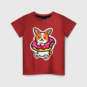 Детская футболка хлопок с принтом Милый корги в пончике в Новосибирске, 100% хлопок | круглый вырез горловины, полуприлегающий силуэт, длина до линии бедер | corgi | корги | маленькая собачка | милый | милый корги | рыжая | рыжая собачка | собака | собачка | такси
