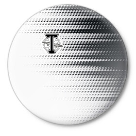 Значок с принтом Торпедо в Новосибирске,  металл | круглая форма, металлическая застежка в виде булавки | Тематика изображения на принте: белое | пфл | рфпл | торпедо | форма | футбол | чёрное