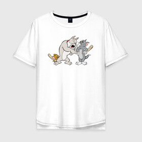 Мужская футболка хлопок Oversize с принтом Tom&Jerry в Новосибирске, 100% хлопок | свободный крой, круглый ворот, “спинка” длиннее передней части | spike | tom  jerry | tom and jerry | tomjerry | tuffy | vdgerir | мамочка два тапочка | том и джери | том и джерри