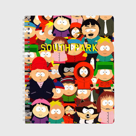 Тетрадь с принтом SOUTH PARK в Новосибирске, 100% бумага | 48 листов, плотность листов — 60 г/м2, плотность картонной обложки — 250 г/м2. Листы скреплены сбоку удобной пружинной спиралью. Уголки страниц и обложки скругленные. Цвет линий — светло-серый
 | cartman | kenny | kyle | south park | stan | кайл | картман | кенни | стэн | южный парк