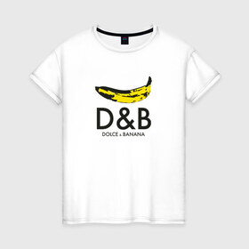 Женская футболка хлопок с принтом Dolce and Banana в Новосибирске, 100% хлопок | прямой крой, круглый вырез горловины, длина до линии бедер, слегка спущенное плечо | banan | banana | dg | dolce banana | dolce gabana | dolce gabbana | антибренд | банан | бананы | гнилой | дольче габана | дольче габбана | крутая | модная | пародия | прикол | тренд