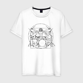 Мужская футболка хлопок с принтом Витрувианский барабанщик в Новосибирске, 100% хлопок | прямой крой, круглый вырез горловины, длина до линии бедер, слегка спущенное плечо. | барабанщик | витрувианский человек | да винчи | рок | ударные