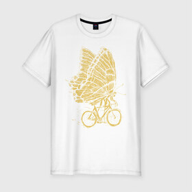 Мужская футболка хлопок Slim с принтом Бабочка на велосипеде в Новосибирске, 92% хлопок, 8% лайкра | приталенный силуэт, круглый вырез ворота, длина до линии бедра, короткий рукав | бабочка | велосипед | велоспорт | зож